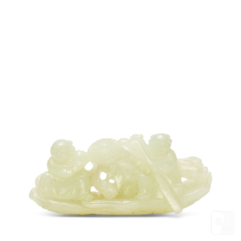 晚清 白玉雕和合二仙擺件 | A SMALL WHITE JADE 'HEHE ERXIAN' CARVING - 图1